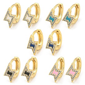Lightning Bolt Real 18K Gold Plated Brass Hoop Earrings, with Enamel and Clear Cubic Zirconia