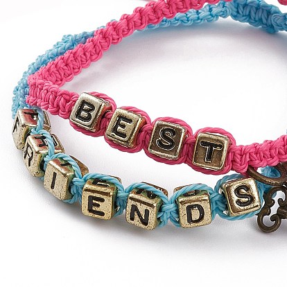 Best Friend Friendship Bracelets Sets, Adjustable Waxed Polyester Cord Braided Bead Bracelets, with Alloy Key & Padlock Pendants, Acrylic Cube Beads and Brass Round Beads