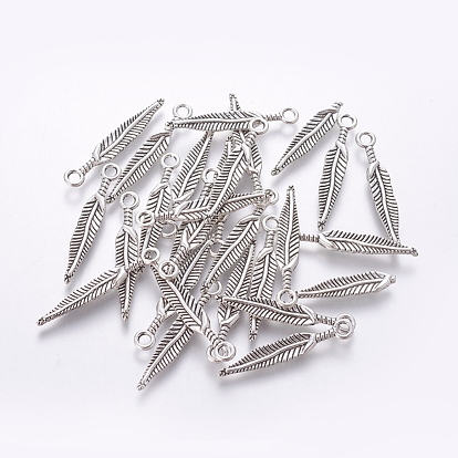 Tibetan Style Alloy Pendants, Lead Free and Cadmium Free, Feather, 5mm wide, 29mm long, hole: 2mm