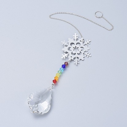 Cristal lustre suncatchers prismes chakra pendentif suspendu, avec des chaînes de câble de fer, perles de verre et pendentifs en laiton, flocon de neige avec larme