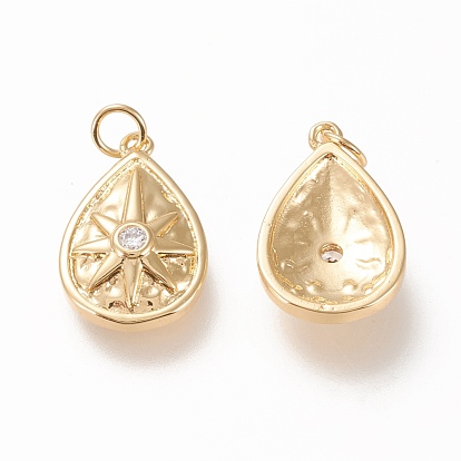 Brass Pendants, with Clear Cubic Zirconia and Jump Rings, Long-Lasting Plated, Teardrop with Star