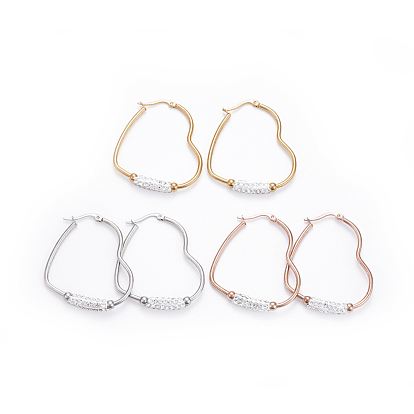 Simple Fashion 304 Stainless Steel Hoop Earrings, with Polymer Clay Rhinestone, Geometrical, Heart