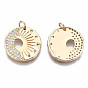 Brass Micro Pave Clear Cubic Zirconia Pendants, Nickel Free, Flat Round with Sun & Moon