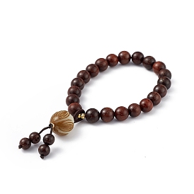 Bracelet extensible perles rondes bois de santal, bracelet porte-bonheur chinois breloques lotus pour femme