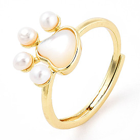Natural Pearl Dog Paw Prints Adjustable Ring, Brass Jewelry for Women
