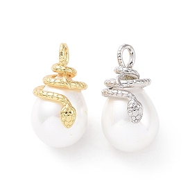 Shell Pearl Pendants, with Brass Findings, Cadmium Free & Lead Free, Long-Lasting Plated, Teardrop with Snake Charm