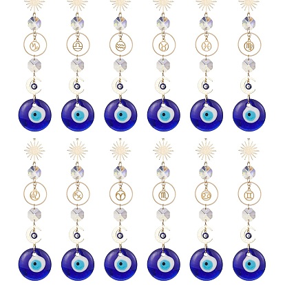 Handmade Lampwork Evil Eye Pendants Decoration, with Twelve Constellation 201 Stainless Steel Charms, for Home Decoration, Moon & Sun