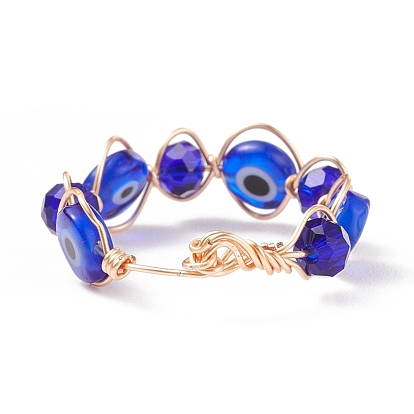 Lampwork Evil Eye & Glass Braided Finger Ring, Copper Wire Wrap Jewelry for Women