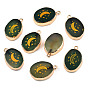 Natural Agate Pendants, with Light Gold Plated Brass Edge & Iorn Loops, Gold Powder, Dyed & Heated, Oval with Moon Charm