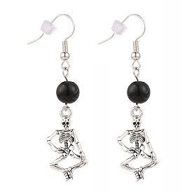 Human Skeleton Alloy Dangle Earrings, for Halloween, with Imitation Gemstone Acrylic Round Beads and Brass Earring Hooks, Antique Silver