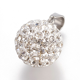 Trendy Jewelry Findings 201 Stainless Steel Round Disc Ball Pendants, with Polymer Clay Rhinestones, 14mm, Hole: 6x4mm