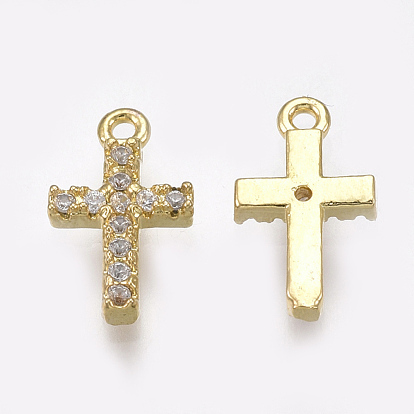 Cubic Zirconia Charms, Real 18K Gold Plated, with Brass Findings, Cross, Clear
