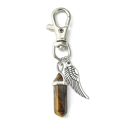 Natural Gemstone Double Terminated Pointed Pendant Decorations with Alloy Wing Charm, with Alloy Swivel Lobster Claw Clasps