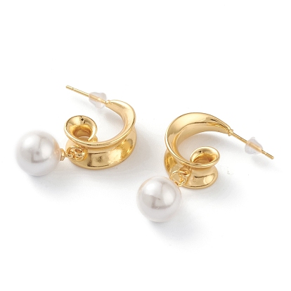 Brass Half Hoop Earrings, with Steel Pin, Plastic Ear Nuts and Shell Pearl, Long-Lasting Plated, Semicircular