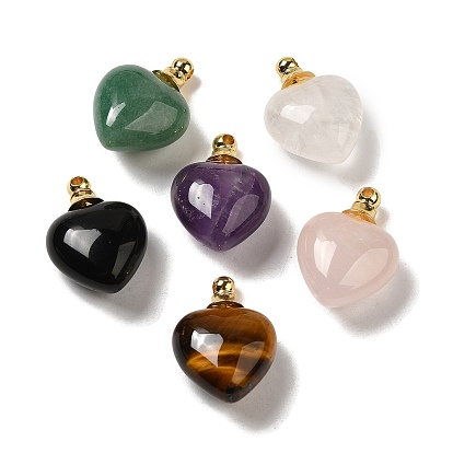 Natural Gemstone Perfume Bottle Pendants, Heart Charms with 304 Stainless Steel Findings