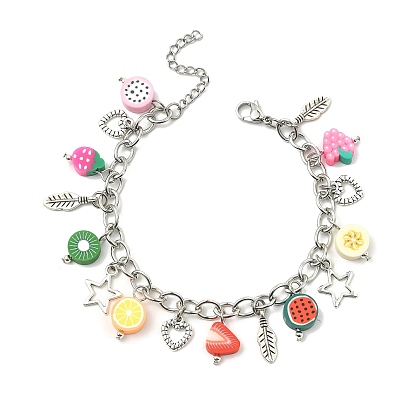 Polymer Clay Fruit Theme & Alloy Charm Bracelet, with 304 Stainless Steel Cable Chains