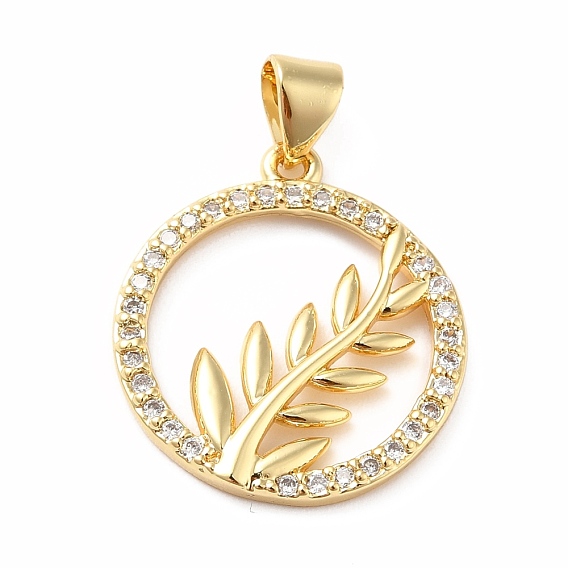 Rack Plating Brass Micro Pave Cubic Zirconia Pendants, Long-Lasting Plated, Real 18K Gold Plated, Ring with Leaf