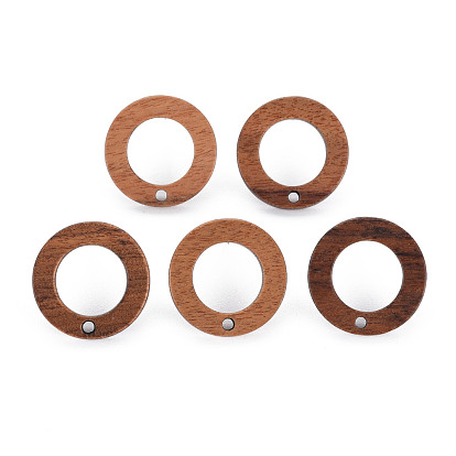 Walnut Wood Stud Earring, with 304 Stainless Steel Pin and Hole, Ring