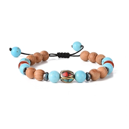 Wooden Braided Bead Bracelets Sets, Brass with Synthetic Coral and Turquoise(Dyed) Adjustable Bracelets for Women