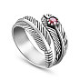 SHEGRACE Antique Feather 925 Sterling Silver Cuff Rings, Open Rings, with Red Zircon, 18mm