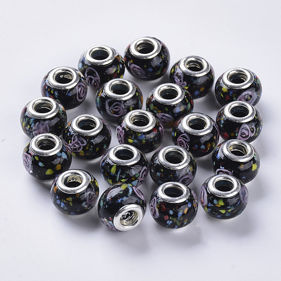 Handmade Lampwork European Beads, Large Hole Beads, with Silver Color Plated Brass Double Cores, Inner Flower Lampwork, Rondelle