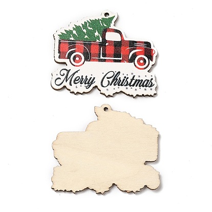 Colgantes grandes de madera con estampado navideño de una cara, dijes de camión con árbol de navidad