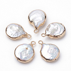 Electroplate Natural Baroque Pearl Keshi Pearl Pendants, Cultured Freshwater Pearl, with Iron Findings, Flat Round