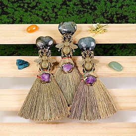 Natural Labradorite Heart Magic Broom, Mini Witch Broom, Reiki Stone For Cleansing Healing Fengshui, for Home Halloween Decor
