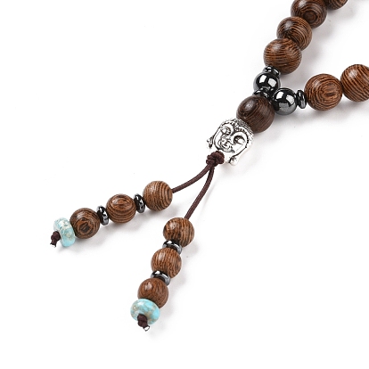 Natural & Synthetic Stone and Wood Beads Necklace, Buddha Head Pendant Necklae, Mala Prayer Necklace