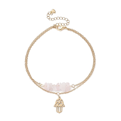 Éclats de quartz rose naturel perlé et breloques à la main hamsa bracelet multi-rangs double couche, bijoux en acier inoxydable pour femmes