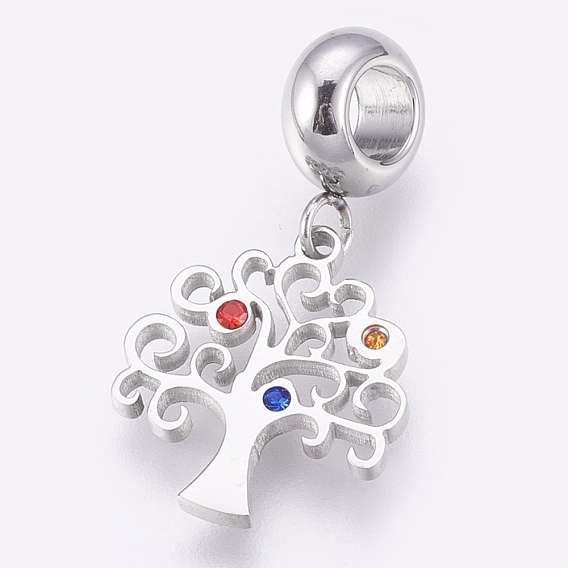 304 Stainless Steel European Dangle Charms, Large Hole Pendants, with Rhinestone, Tree