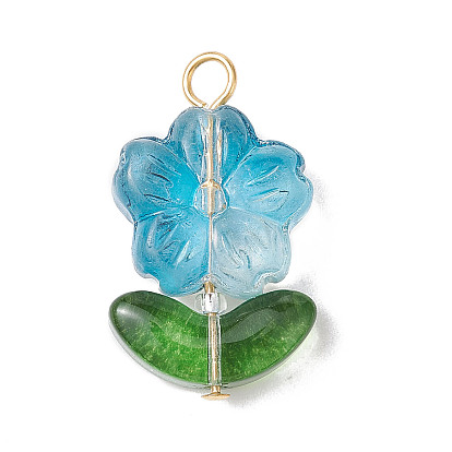 Glass Pendant, with Stainless Steel Loops, Flower Charms