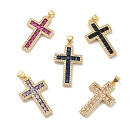 Cross Brass Micro Pave Cubic Zirconia Pendants, Cadmium Free & Nickel Free & Lead Free, Real 18K Gold Plated