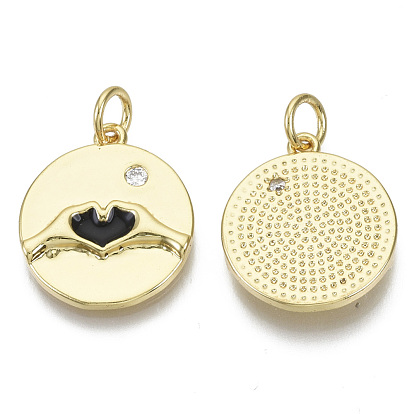 Micro cuivres ouvrent pendentifs zircone cubique, avec émail et anneaux sautés, sans nickel, Saint Valentin, plat et circulaire avec coeur, clair