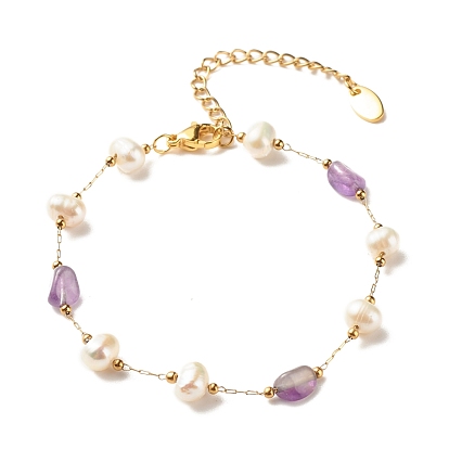 Natural Gemstone & Pearl Beaded Bracelet, Gold Plated Stainless Steel Jewelry for Women