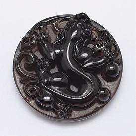Natural Ice Crystal Obsidian Carven Pendants, Flat Round with Chinese Dragon