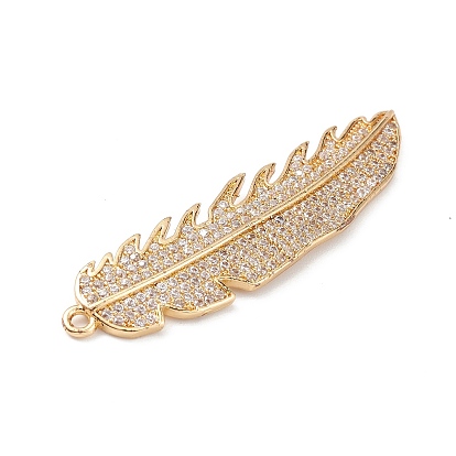 Rack Plating Brass Micro Pave Clear Cubic Zirconia Big Pendants, Feather Charms, Long-Lasting Plated, Cadmium Free & Lead Free