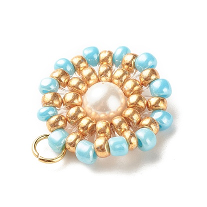 Pendentifs de perles de rocaille en verre de perle de coquillage, avec ton doré 304 boucles en acier inoxydable, plat rond