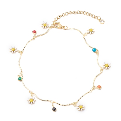 Brass Enamel Charm Anklets, with 304 Stainless Steel Lobster Claw Clasps, Flower, Colorful