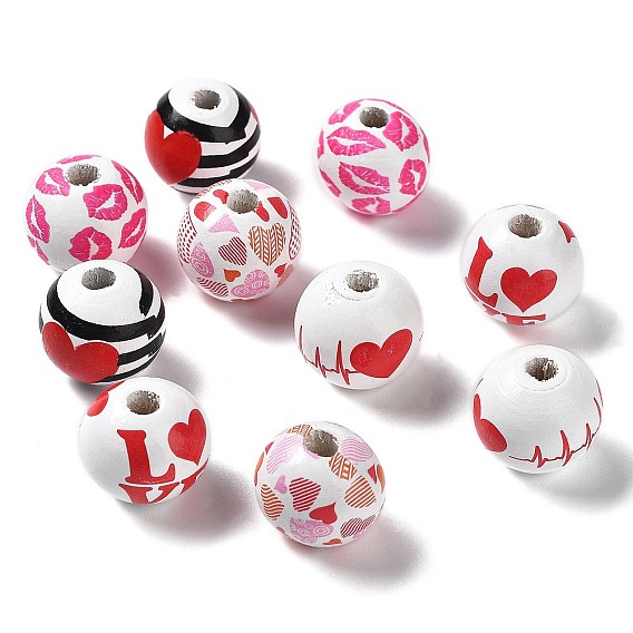 Perles en bois imprimées sur le thème de la Saint-Valentin, ronde