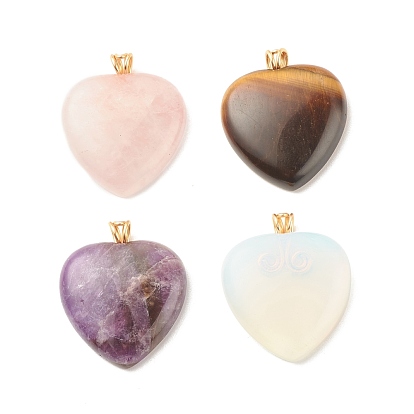 Natural & Synthetic Gemstone Pendants, with Light Gold Tone Copper Wire, Heart
