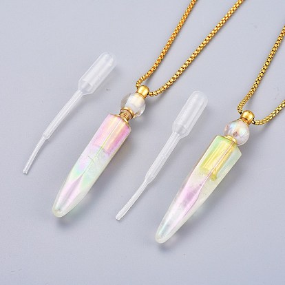 Galvanoplastie colliers pendentifs de bouteille de parfum en cristal de quartz naturel, avec 304 chaînes en acier inoxydable et compte-gouttes en plastique, facette, balle