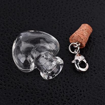 Mixed Shapes Glass Wishing Bottle Pendants, with Iron Findings and Brass Lobster Claw Clasps, 45mm