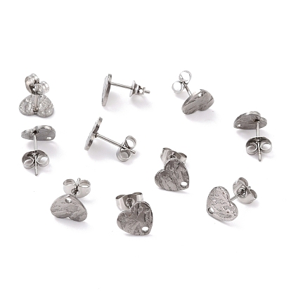 304 Stainless Steel Stud Earring Findings, with Ear Nuts, Textured Heart