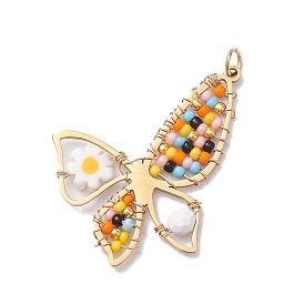 201 Stainless Steel Pendants, with Natural Howlite & Glass Beads, Butterfly with Flower Charms