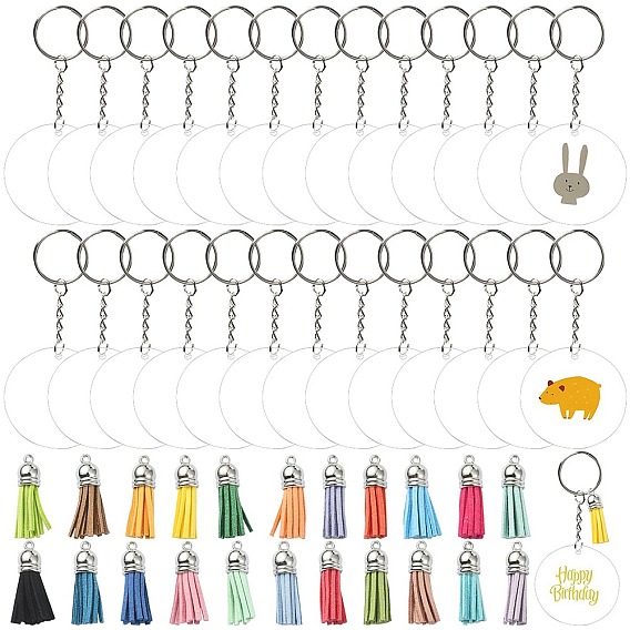 Kit de fabrication de porte-clés de bricolage, y compris les porte-clés fendus en fer, Décorations pendantes en acrylique plat rond et pompon en faux suède