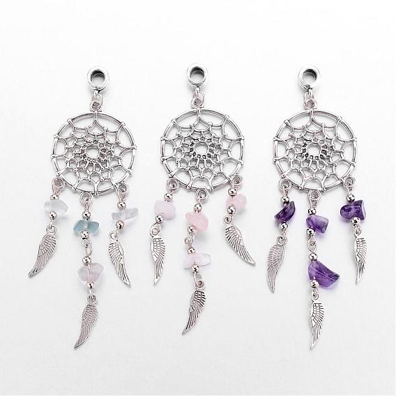 Alloy European Dangle Charms, Woven Net/Web with Feather, with Natural Gemstone Beads, Antique Silver