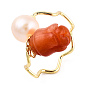 Perle naturelle avec anneau de manchette ouvert fleur de jade, bijoux en laiton pour femmes