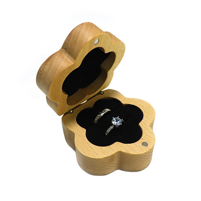 Cajas de almacenamiento de anillos de boda de madera con flores y terciopelo en el interior, Estuche de regalo para anillos de pareja de madera con cierres magnéticos