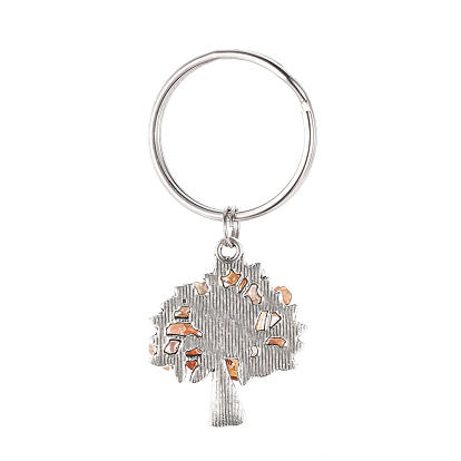 Chip Gemstone Keychain, with Antique Silver Plated Alloy Pendants and 316 Surgical Stainless Steel Split Key Rings, Tree